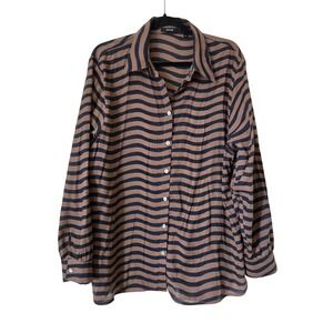 Opus Art To Wear Tunic Brown Black Wavy Stripe‎ Cotton Button Down Shirt Size 42